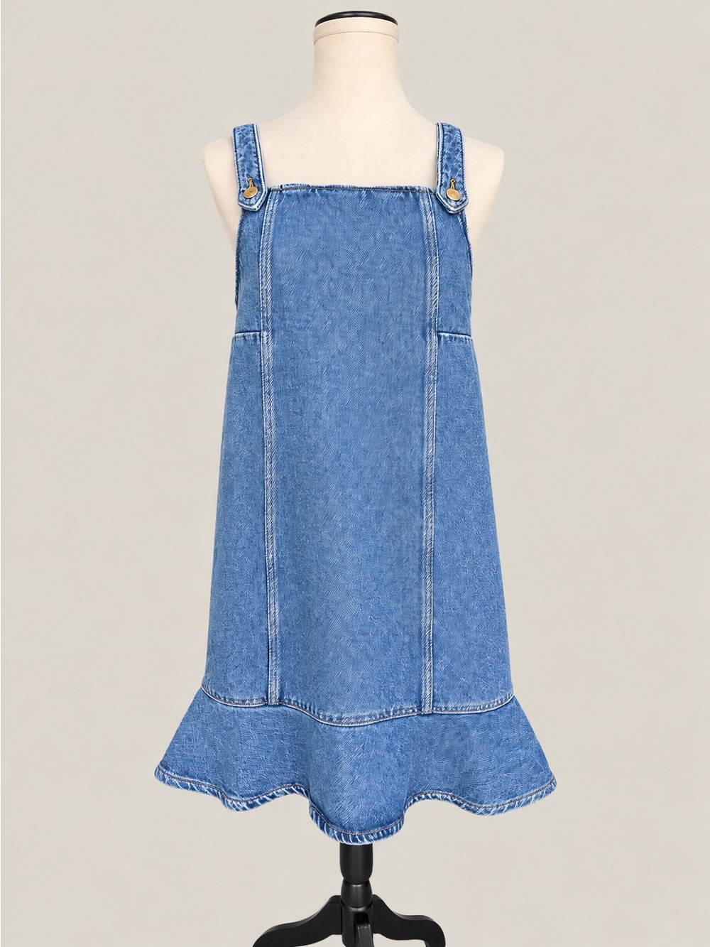 Ganni Denim Mini Dress Ruffle Hem Blue Strappy Shift Dress XS